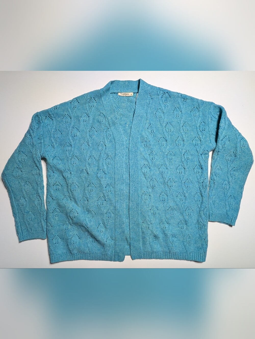 WoolOvers Womens M Cableknit Wool Cardigan Sweater Blue Green Teal Lambswool - Picture 6 of 9